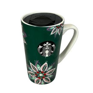 Starbucks Holiday 2020 Green Floral Poinsettia Design Ceramic Travel Mug 14 oz
